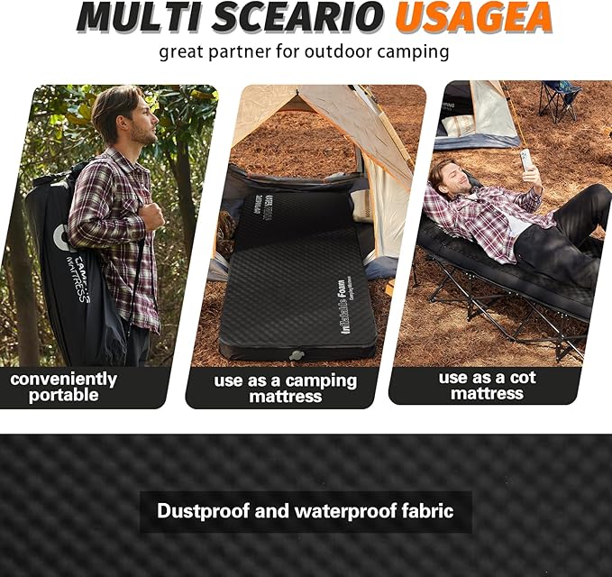 Self Inflating Sleeping Pad, 4in Ultra-Thick Foam Camping Cot Mattress with Air Pump Sack, Sleeping Mat for Adults Inflatable Camping Pad Mattress, Single Cot Bed, Travel, Car, Tent, Home, Black