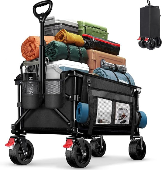 BELEEV Collapsible Wagon Cart, Heavy Duty Foldable Utility Cart with 6" All-Terrain Big Wheels, 130L Large Capacity, Side Pocket & Drink Holders for Beach Grocery Garden Camping Sports Shopping(Black)