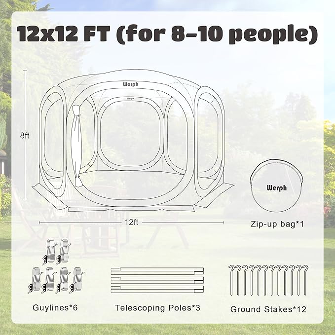 Pop Up Screen Tent Canopy, Portable Screen Canopy with Mosquito Net, Outdoor Screen Room Tent 12 x12 FT with Carry Bag for Lawn & Garden, Parties,Beige