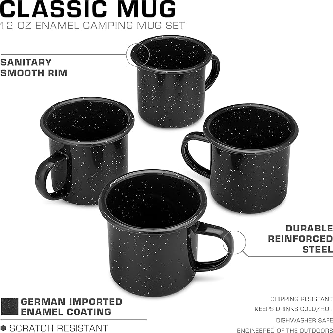 COLETTI Classic Camping Mugs — Enamel Coffee Mug, Camping Coffee Mugs — Premium Nostalgic Mug Set, German Imported Enamel Coating (Black)