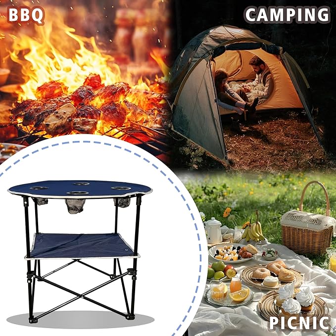 Camping Table & Beach Table, – Portable 2-Tier Foldable Table with 4 Cup Holders & Carry Bag, Lightweight Waterproof Oxford Fabric for Outdoor Adventures, Picnic, Tailgating, and Fishing