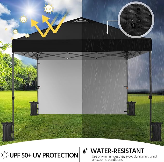 Yaheetech 10x10 Pop up Canopy Tent w/1 Sidewall, Instant Commercial 150D Silver Coated Fabric Outdoor Instant Tent w/Wheeled Bag, 4 Sandbags, 8 Stakes & 4 Ropes for Parties, Camping, Beach, Black
