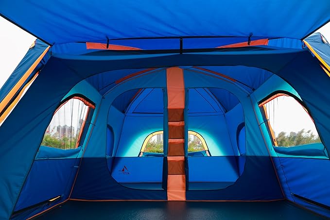KTT Extra Large Tent 12 Person,2 Bay-Windows,Family Cabin Tents,14'Lx10'Wx6.58'H,2 Rooms and 3 Doors 3 Windows with Mesh,Waterproof,Straight Wall,Big Tent for Outdoor,Picnic,Camping,Gathering