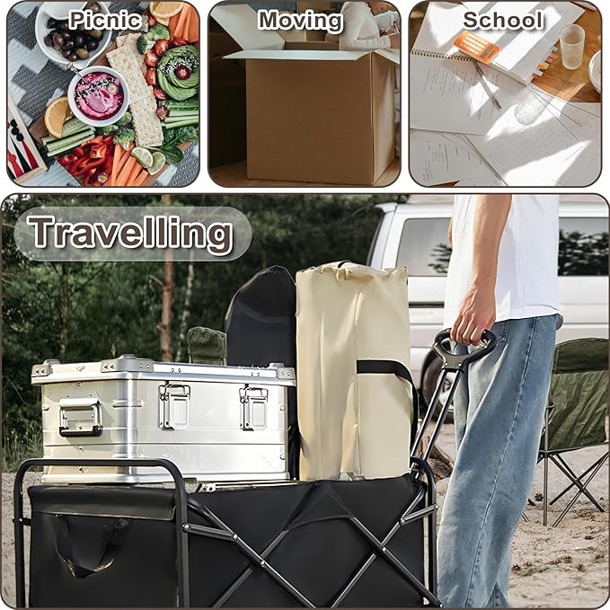 300L Collapsible Wagon with Wheels,500lbs Extra Long Fold Up Wagons Carts,Folding Wagon Cart with Adjustable Handle,with Side Pocket and Brakes for Grocery Shopping Camping Outdoor Sports Beach Garden
