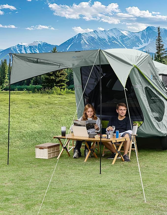 JOYTUTUS SUV Tailgate Tent with Three Sides Awning and Poles, Water Resistant SUV Camping Tent with Car Roof Cover, Outdoor Travel Preferred, Universal Fit Most Car, Grey Green