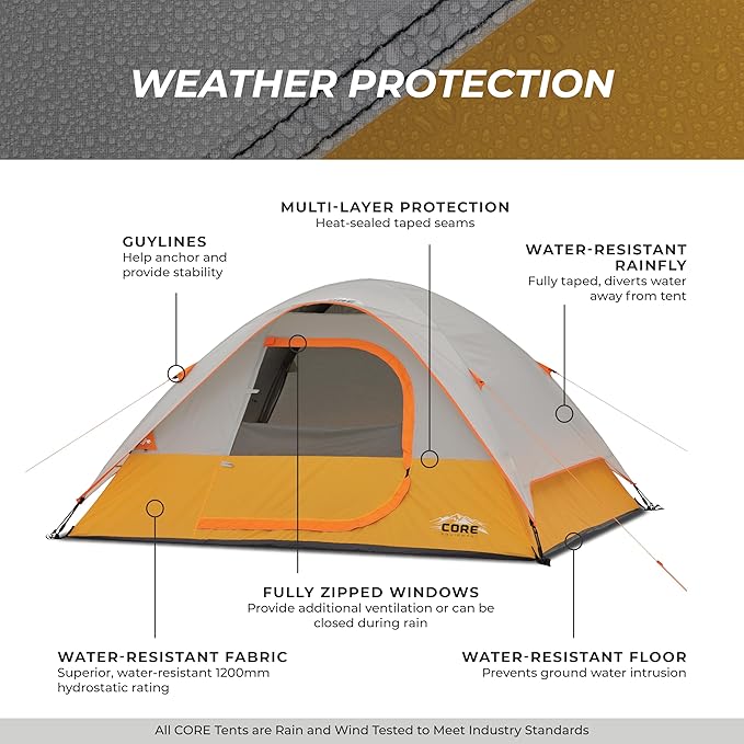 CORE Tent for Family Camping, Hiking and Backpacking | 3 Person / 4 Person / 6 Person / 9 Person Person Dome Camp Tents with Included Tent Gear Loft for Outdoor Accessories