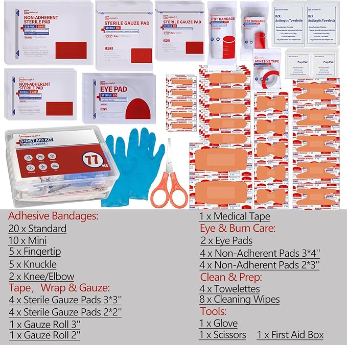 First Aid Kit Refill - Extra Replacement Supplies for First Aid Kits, Loose Packed Restock Supply Pack -77 Piece