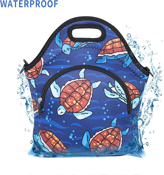 Violet Mist Neoprene Lunch Bag Reusable Insulated Lunch Box with Adjustable Shoulder Strap&Pocket for Women,Men,Adults,Cute Cartoon Turtle Snack Bags Anime Animal Work Picnic Travel Tote Food Handbags