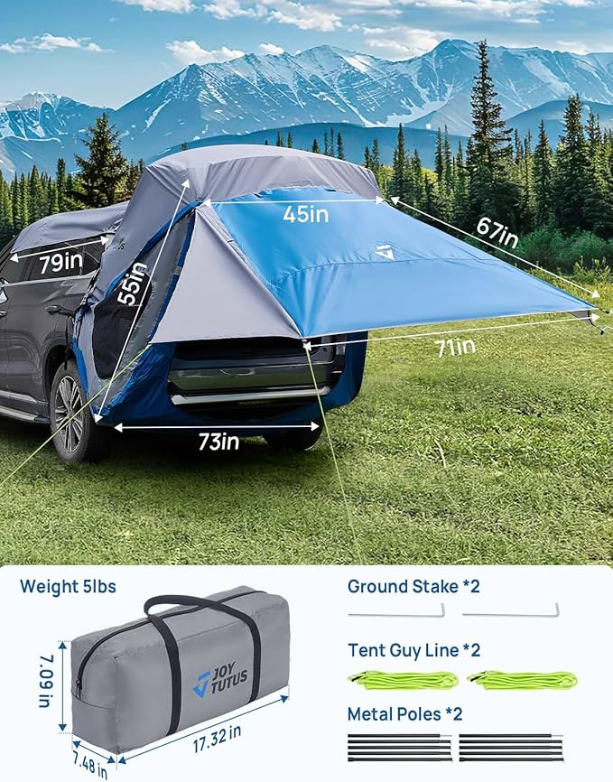 JOYTUTUS SUV Tailgate Tent with Three Sides Awning and Poles, Water Resistant SUV Camping Tent with Car Roof Cover, Outdoor Travel Preferred, Universal Fit Most SUV, Car, Blue