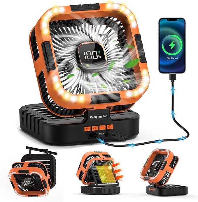Solar Camping Fan Rechargeable 10000mAh Battery Operated Tent Fan with LED Lantern,120°Head Rotation, LED Screen,Timer, 6 Speed Solar Powered for Outdoor Travel Beach Home