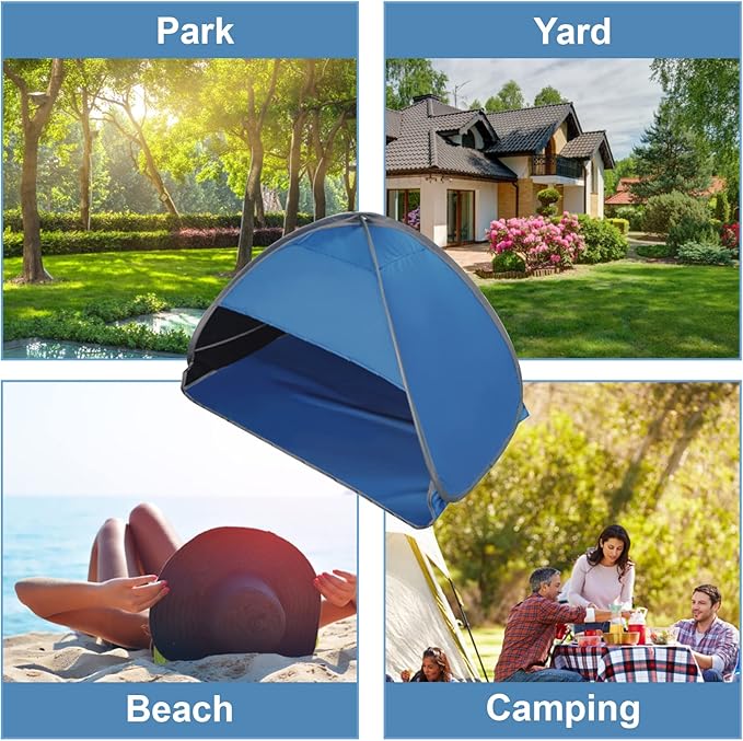 Pop Up Beach Sun Shelter, 1 Pack Foldable Tent for Anti-UV Mini Head Tent for Outdoors Camping Picnic, Black Glue Blue