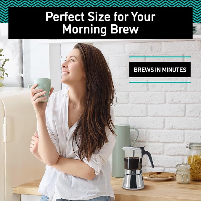 Coffee Gator 4 Cup Moka Pot, 6.7oz Stovetop Espresso Maker for Italian Coffee, Transparent Glass & Stainless Steel Design, Silver, 200ml