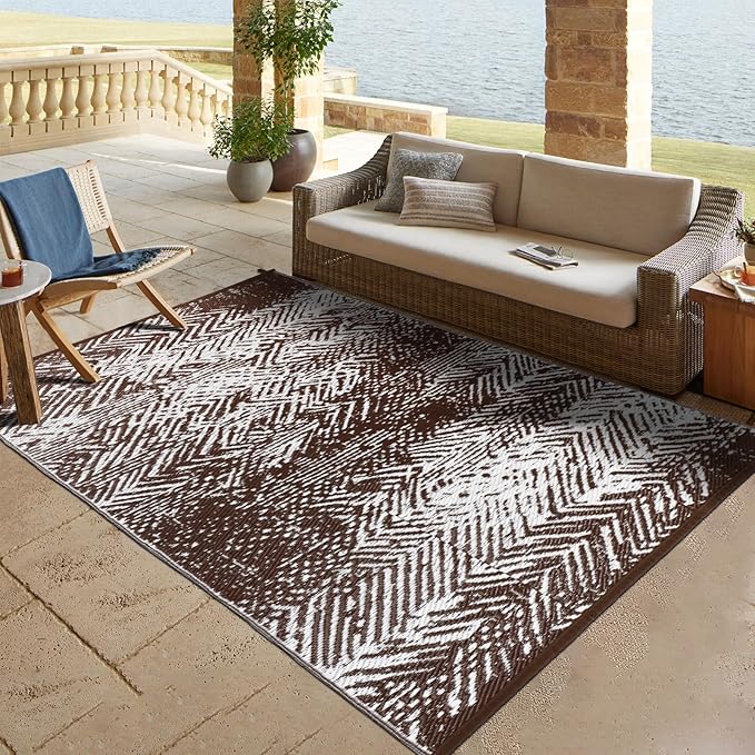 Outdoor Patio Rugs 4x6, Waterproof Reversible Outdoor Plastic Straw Rug Brown, RV Camping Mats UV-Resistant Outside Carpet Portable Area Mat for Garden Balcony Deck Picnic Beach Porch