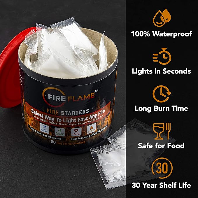 Fireflame Quick Instant Fire Starter - 100% Waterproof All-Purpose Indoor & Outdoor Firestarter, for Charcoal Starter, Campfire, Fireplace, BBQ - Odorless and Non-Toxic - 100 Pouches in Canister