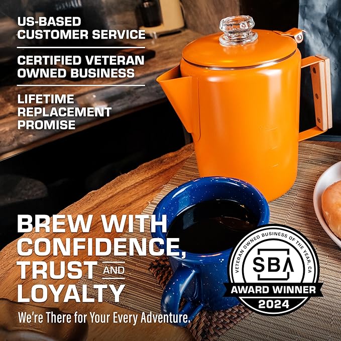 COLETTI Bozeman Camping Coffee Pot — Camping Coffee Makers, Coffee Percolator – America's Sleekest Percolator – NO Aluminum or Plastic (Orange)