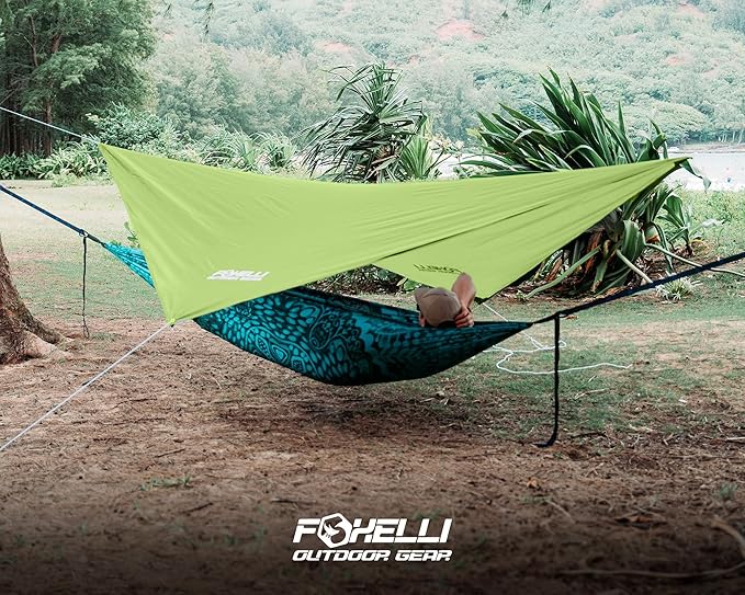 Foxelli Hammock Rain Fly - Waterproof Lightweight Tent & Hammock Rain Tarp for Camping, Backpacking w/Easy Setup Including Extra Long Guy Lines & Stakes