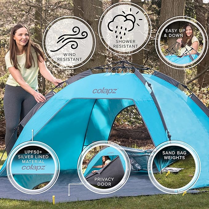 Colapz Beach Tent Pop Up Shade. Luxury Holiday Shade SPF50+ Easy to Use Pop Up Beach Tent. Portable & Lightweight Cabana. Wind & Sun Shelter