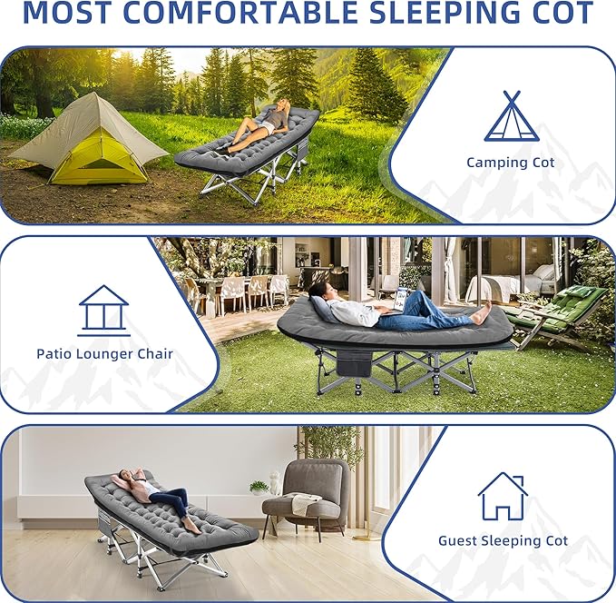 Camping Cot, Sleeping Cots for Adults, Portable Camping cots with Mattress, Pillow and Carry Bag, 1200D Double Layer Oxford, 600 LBS Weight Capacity Cots for Sleeping(Grey+Black)
