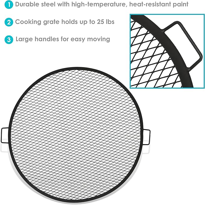 Sunnydaze X-Marks Fire Pit Cooking Grate - Outdoor Round Black Steel BBQ Campfire Grill with Handles - 37.5-Inch