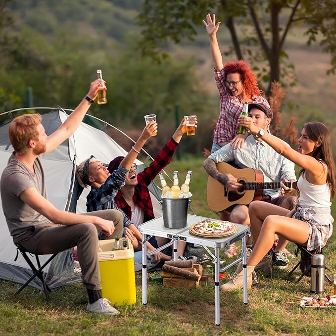 Folding Camp Table Small, 24''L x16''W with Adjustable Height Legs, Indoor Outdoor Lightweight Portable Aluminum Dining Table for Picnic Camping 2-Feet(2 Heights 10"/19")