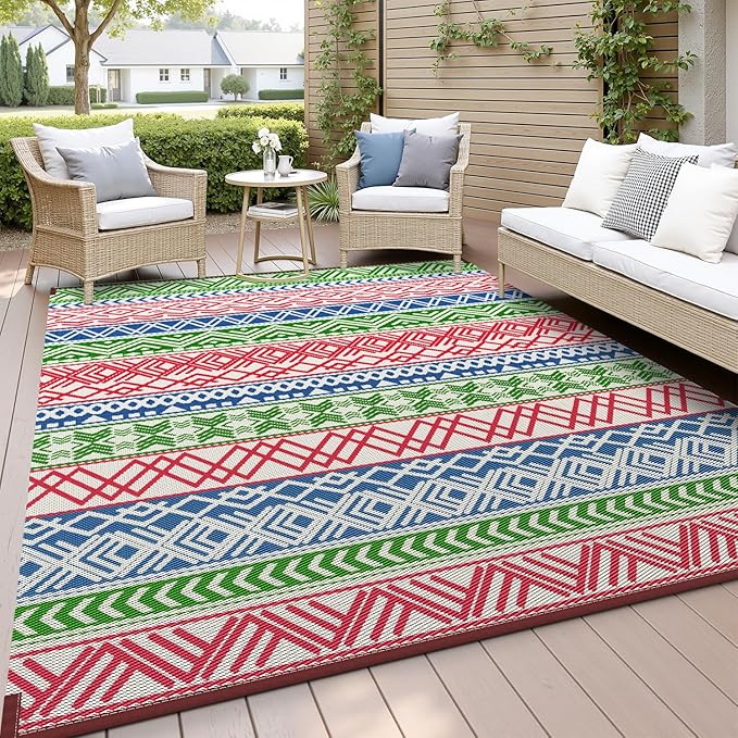 MontVoo Outdoor Rug Carpet 8x10 Waterproof-Patio Rug Mat Reversible RV Camping Rug Picnic Mat Plastic Straw Outside Rug for Balcony Porch Deck Beach-Boho Outdoor Area Rug for Patio Decor Colorful
