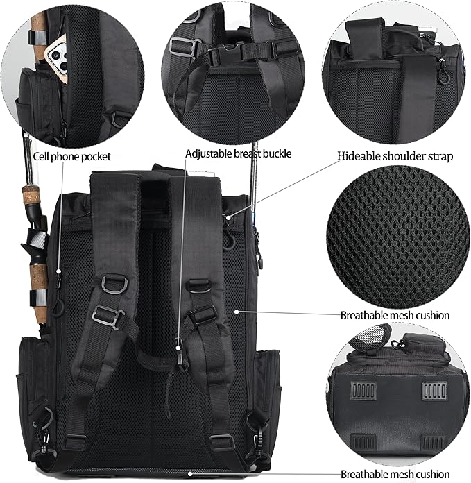 Fishing Tackle Backpack With Rod Holders, Large 40L Fishing Backpack for Camping, Hiking