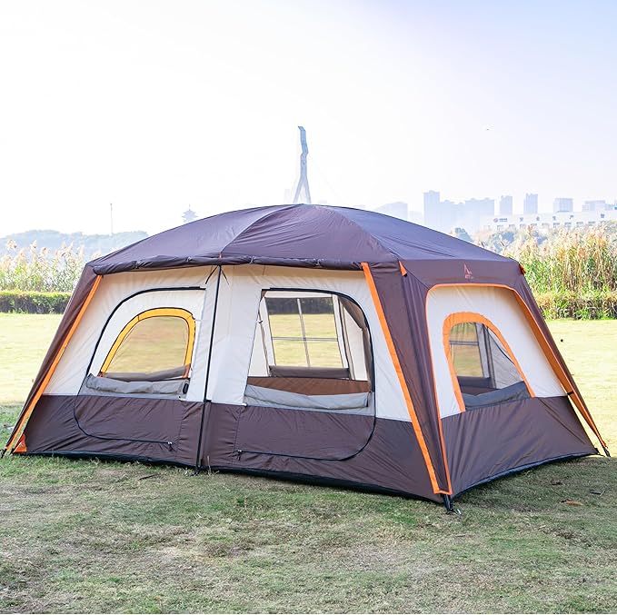 KTT Large Family Cabin Tent 10-12 Person,14.1X10X6.58ft,2 Rooms,3 Storage Pockets,2 Bay-Windows 3 Doors and 3 Windows with Mesh,Straight Wall,Waterproof,Double Layer,Big Tent for Outdoor,Camping