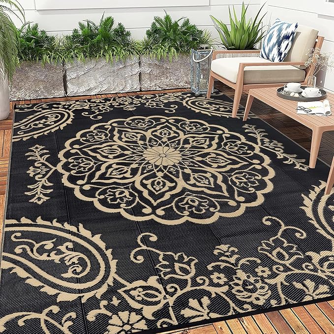 Pauwer Waterproof Outdoor Rug 8x10, Reversible Plastic Straw Patio Camping Rug, Indoor Outdoor RV Mat Carpet for Deck, Camper, Porch, Balcony, Backyard, Picnic, Boho Black Brown