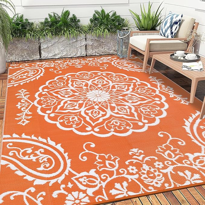 Pauwer Waterproof Outdoor Rug 6x9, Reversible Plastic Straw Patio Camping Rug, Indoor Outdoor RV Mat Carpet for Deck, Camper, Porch, Balcony, Backyard, Picnic, Boho Orange