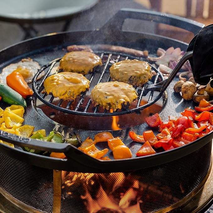 Fire Pit Griddle & Grill Combo – Cast Iron Cooking Surface for 16"-21" Smokeless Fire Pits – Outdoor BBQ Griddle for Camping & Patio – Includes Trivet & Heat-Resistant Gloves, Black