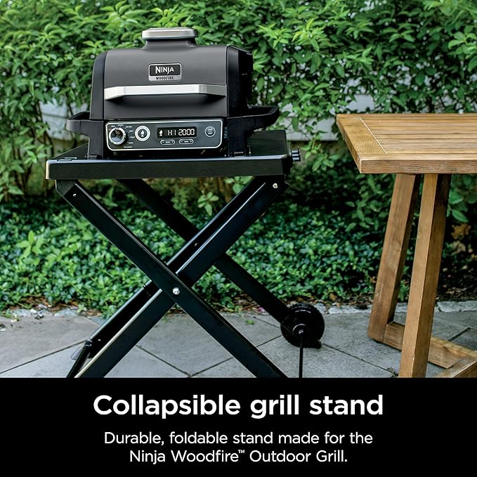 Ninja XSKSTAND Woodfire Collapsible Outdoor Grill Stand, Compatible with Ninja Woodfire Grills (OG700 Series), Foldable, Side Utensil Holder, Weather-Resistant, Black