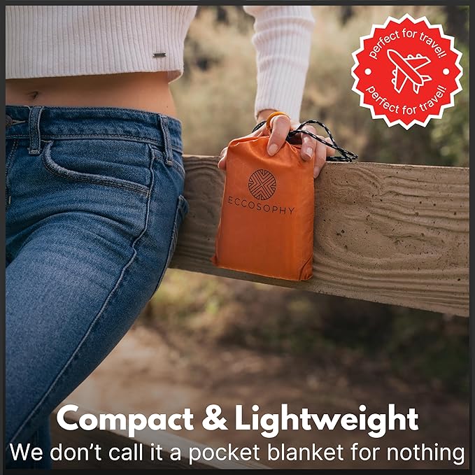 ECCOSOPHY Sand Proof & Waterproof Picnic Blanket - 60x55 Outdoor Compact Pocket Blanket, Lightweight Ground Cover for Hiking, Camping, Festivals, Sports, Travel with Bag & Stakes (Terracotta)