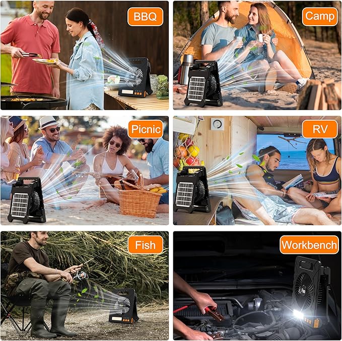 Solar Powered Fan for Camping, 4000mAh Portable Table Fan with LED Lantern, Flashlight, Battery Operated, 4 Speeds Powerful Wind and 4 Timers, for Workbench, Picnic, Hurricane, Fishing
