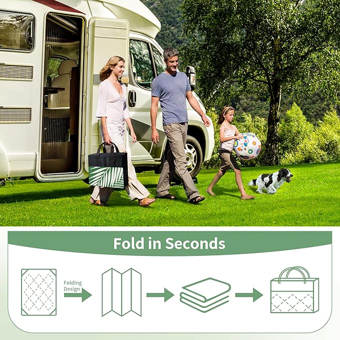 GENIMO Outdoor Rug 10' x 14' Waterproof for Patios Clearance, Reversible Outdoor Plastic Straw Camping Rug Carpet, Large Area Rugs Mats for RV, Camper, Deck, Balcony, Porch, Beach, Dark Green&White