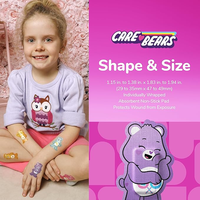 BioSwiss Care Bears Bandages, Unlock The Magic Care Bear Shaped Self Adhesive Bandage, Latex Free Sterile Wound Care, Fun First Aid Kit Supplies for Kids, 24 Count