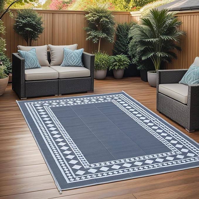 RURALITY Outdoor Rugs 6x9 Waterproof for Patios Clearance,Plastic Straw Mats for Backyard,Porch,Deck,Balcony,Grey and White