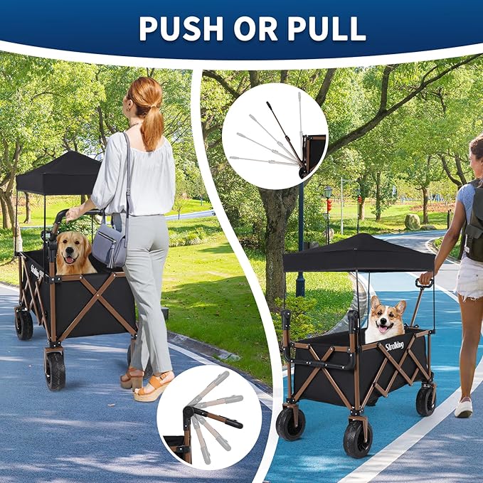 Folding Wagon with Canopy, 160L Capacity, 8" All-Terrain Wheels, 330lbs Load, Utility Cart for Camping, Beach, Shopping, Outdoor Use