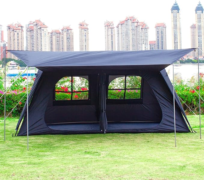 KTT Extra Large Tent 10-12-14 Person(B),Family Cabin Tents,2 Rooms,3 Doors and 3 Windows with Mesh,Straight Wall,Waterproof,Double Layer,Big Tent for Outdoor,Picnic,Camping,Family Gathering