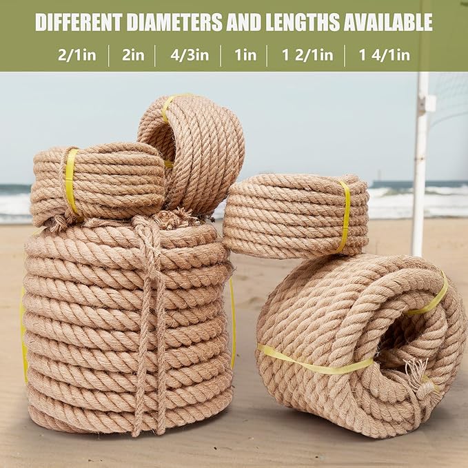 Jute Rope Heavy Duty 2 Inch 25 Feet, Natural Hemp Rope, Twisted Hemp Rope for Crafts, Gardening, Bundling, Climbing, Hammock, Nautical rope, Tug of War rope, Railings, Home Decorating (2 Inch×25 Feet)