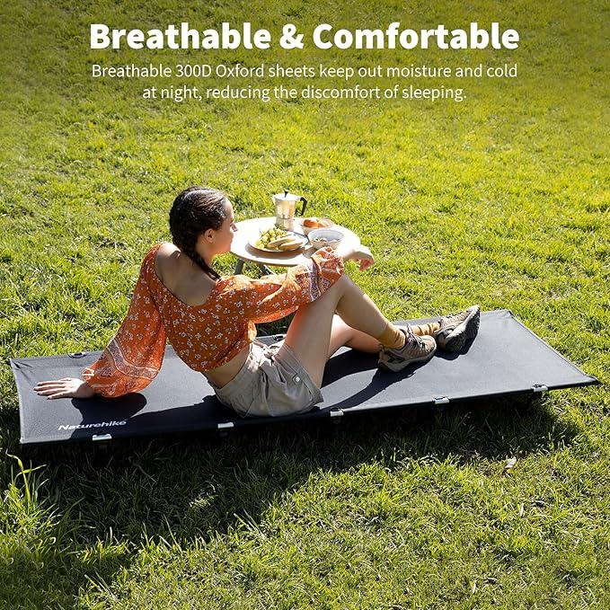 Naturehike Ultralight Camping Cot, Easy to Assemble Folding Tent Cot, Compact & Protable Camping Bed for Camping, Mountaineering, & Hiking, Supports 330lbs with Carry Bag, GreenWild Dark Black