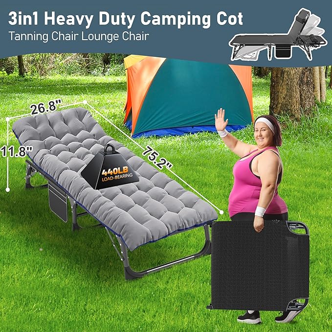 ABORON Folding Camping Cot for Adults, Heavy Duty 3-in-1 Bed for Guest Sleeping, Adjustable Double-Layer 1200D with Mattress & Carrying Bag for Home, Office, Vacation, Hospital Use