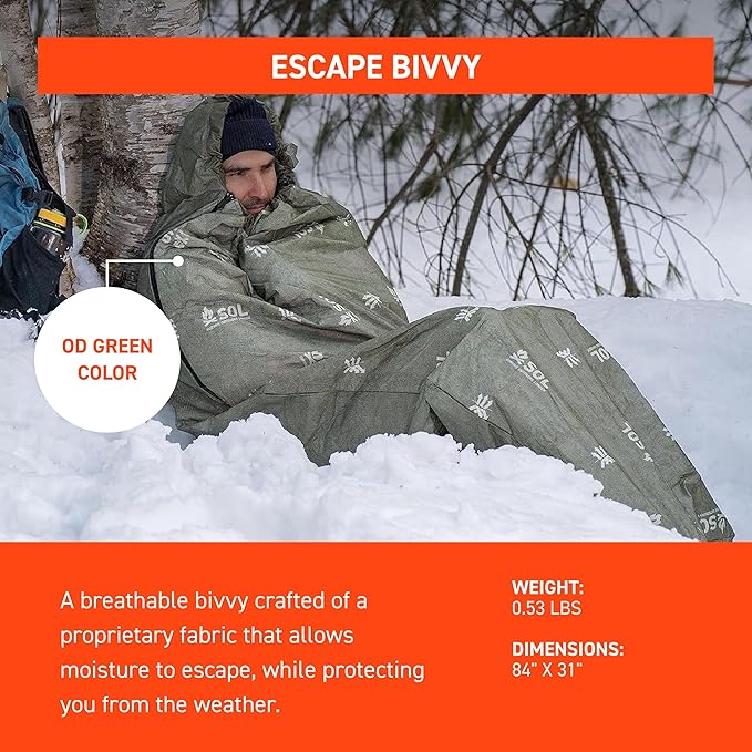 SOL Escape Bivvy with Hood - Emergency Preparedness Blanket - Reflects Up to 70% Body Heat - Outdoor Survival Bivvy - Water Resistant - Durable & Breathable - Winter Camping Supplies - Green