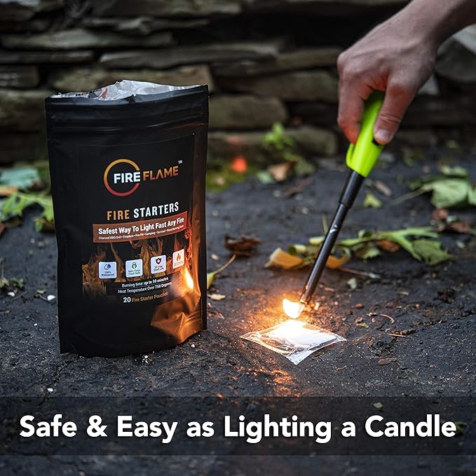 FireFlame Quick Instant Fire Starter -100% Waterproof All-Purpose Indoor & Outdoor FireStarter, for Charcoal Starter, Campfire, Fireplace, Firepit, Smoker - Odorless and Non-Toxic - 20 Pouches in Bag