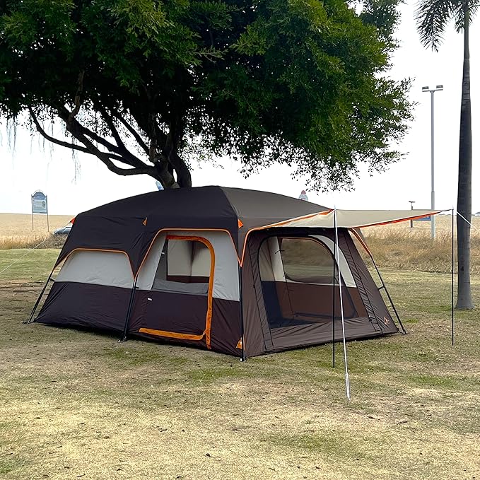 KTT Extra Large Tent 10-12-14 Person(A),Family Cabin Tents,2 Rooms,3 Doors and 3 Windows with Mesh,Straight Wall,Waterproof,Double Layer,Big Tent for Outdoor,Picnic,Camping,Family Gathering