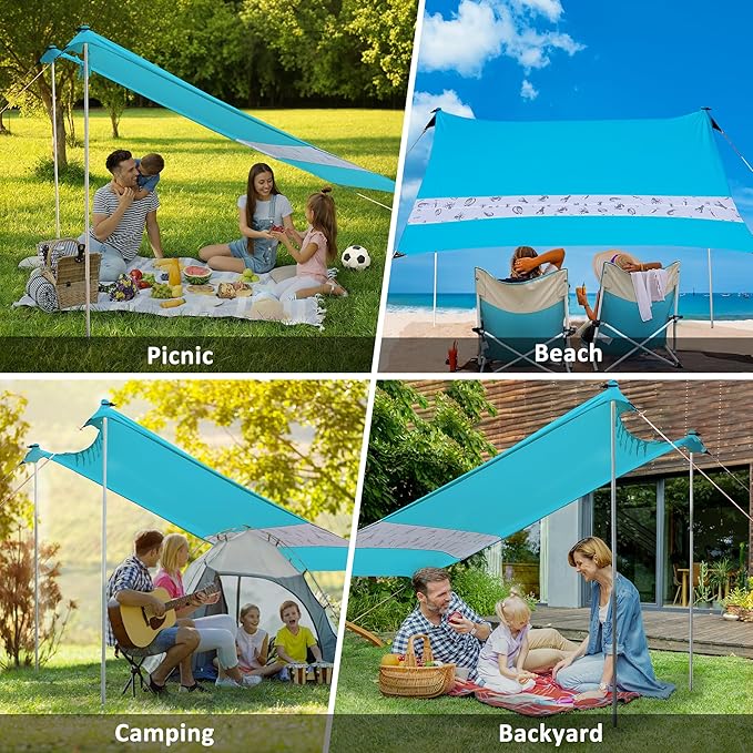VILLEY Beach Tent Sun Shelter with UPF50+ Protection for 5 Person, 8x7FT Portable Sun Shade with 2 Stability Poles and 4 Sandbags, Outdoor Beach Canopy for Camping, Picnics, Fishing, Outdoors(Blue)