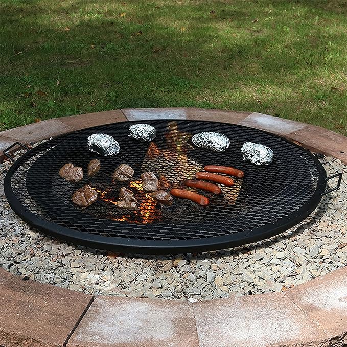 Sunnydaze X-Marks Fire Pit Cooking Grate - Outdoor Round Black Steel BBQ Campfire Grill with Handles - 36-Inch