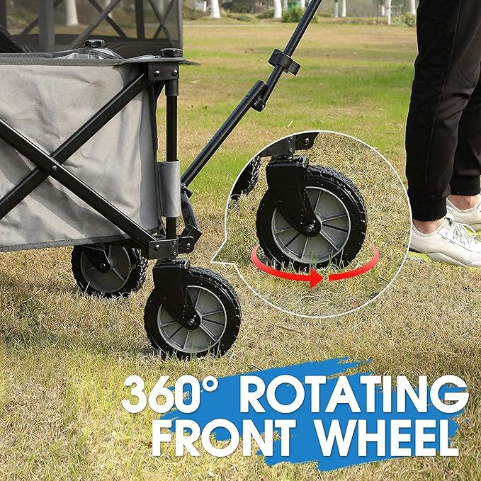 PORTAL Collapsible Wagon Cart, Heavy Duty Foldable Wagon Carts with Wheels, Folding Utility Wagon for Camping, Shopping, Garden, Sports, Apartment, Outdoor, Beach