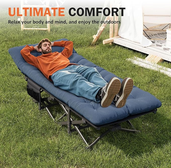 ATORPOK Camping Cot for Adults with Cushion Comfortable,Portable Folding Bed for Sleeping Supports 450 lbs (Blue)