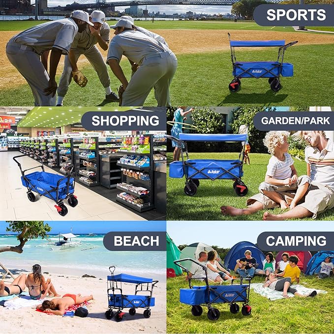 Collapsible Canopy Wagon - Heavy Duty Utility Outdoor Garden Cart - with Adjustable Handles, for Shopping, Picnic, Camping, Sports - Blue