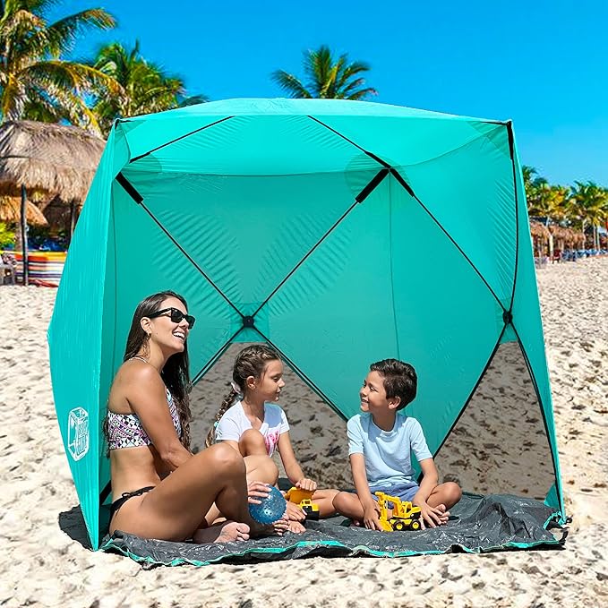 Beach Cube Pop Up Beach Tent Portable Shade Sun Shelter UPF50+ UV Protection for 4 Person Expandable Floor for Beach Fishing Hiking Camping – Aqua Color